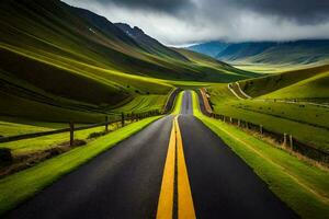 un' lungo strada con un' giallo linea nel il mezzo di un' verde campo. ai-generato foto