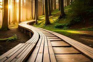 un' di legno sentiero nel il foresta con il sole splendente. ai-generato foto