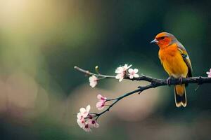 un' piccolo arancia uccello si siede su un' ramo con rosa fiori. ai-generato foto