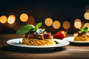 spaghetti con carne e verdure su un' piatto. ai-generato foto