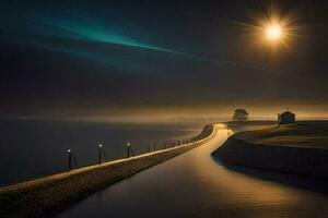 un' lungo strada principale per un' lago a notte. ai-generato foto