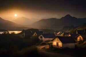 un' villaggio nel il montagne a tramonto. ai-generato foto