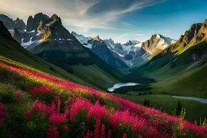 il bellissimo paesaggio di il montagne con rosa fiori. ai-generato foto
