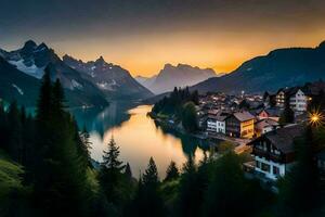 un' lago e montagna cittadina a tramonto. ai-generato foto