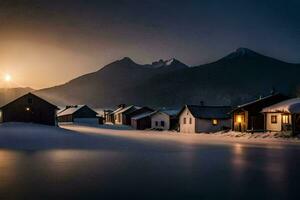 un' villaggio nel il neve a notte con un' montagna nel il sfondo. ai-generato foto