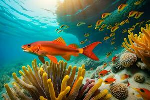 un' pesce nuotate nel il oceano con corallo e anemoni. ai-generato foto