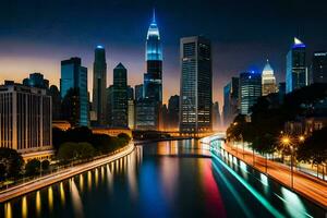 il città orizzonte a notte con luci su il edifici. ai-generato foto