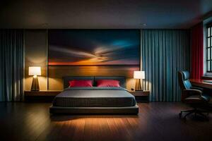 un' moderno Camera da letto con un' grande pittura su il parete. ai-generato foto