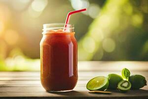 un' bicchiere di succo con un' cannuccia e lime. ai-generato foto