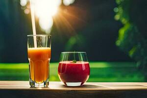 Due bicchieri di succo su un' tavolo con il sole splendente nel il sfondo. ai-generato foto
