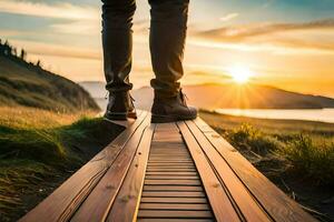 un' persona a piedi su un' di legno sentiero a tramonto. ai-generato foto