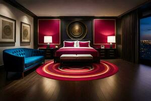 un' Camera da letto con un' rosso e rosa letto e un' Visualizza di il città. ai-generato foto
