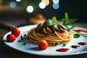 un' piatto di spaghetti con carne e fragole. ai-generato foto