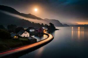 un' lungo esposizione foto di un' strada e case su il riva di un' lago. ai-generato