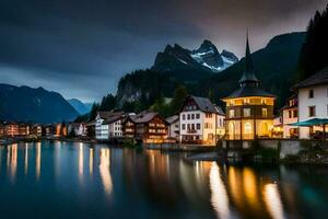 foto sfondo il cielo, montagne, acqua, montagne, lago, case, il notte, il. ai-generato