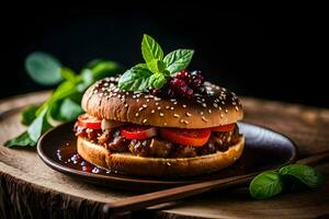 un' Hamburger con pomodori e erbe aromatiche su un' di legno piatto. ai-generato foto