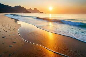 tramonto su il spiaggia, onde, montagne, e sabbia. ai-generato foto