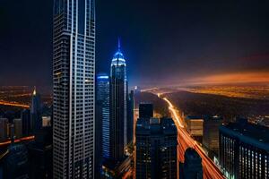 il città orizzonte a notte con traffico luci. ai-generato foto