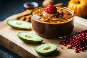 zucca budino con lamponi e avocado su un' di legno taglio tavola. ai-generato foto