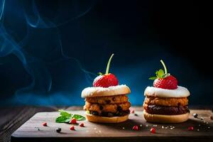 Due mini hamburger con fragole e cioccolato su un' di legno tavola. ai-generato foto