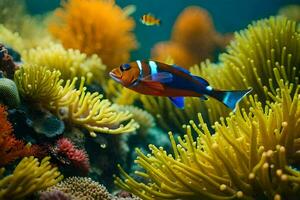 un' clown pesce nuoto nel il oceano con anemone. ai-generato foto