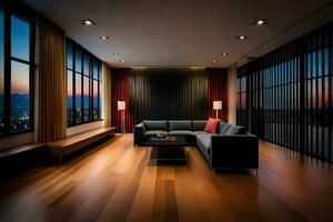un' vivente camera con di legno piani e grande finestre. ai-generato foto