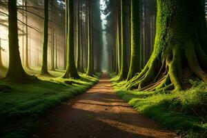 un' sentiero attraverso un' foresta con alberi e luce del sole. ai-generato foto