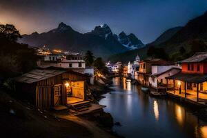 foto sfondo il cielo, notte, montagne, il città, case, il fiume, il montagne. ai-generato