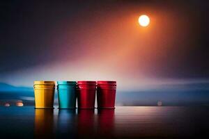 quattro colorato tazze su un' tavolo con un' pieno Luna nel il sfondo. ai-generato foto