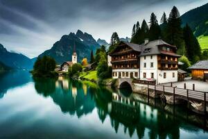 un' bellissimo lago e montagna scenario nel il Alpi. ai-generato foto