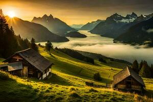 il sole sorge al di sopra di il montagne e il montagne siamo coperto nel nebbia. ai-generato foto