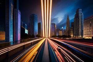 un' città strada a notte con leggero sentieri. ai-generato foto