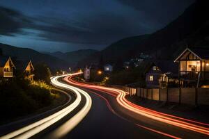 un' lungo esposizione foto di un' strada a notte. ai-generato