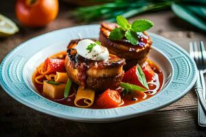 un' piatto di cibo con carne e verdure. ai-generato foto