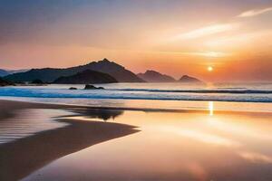 tramonto su il spiaggia con montagne nel il sfondo. ai-generato foto