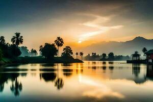 il sole sorge al di sopra di un' lago con palma alberi. ai-generato foto