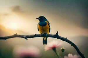 un' uccello si siede su un' ramo nel davanti di un' tramonto. ai-generato foto