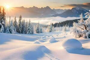 neve coperto alberi e montagne nel il inverno. ai-generato foto