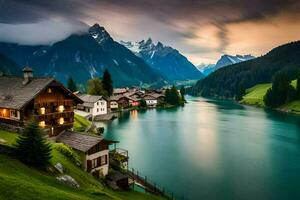 il Casa su il lago, Svizzera, Alpi, Europa, il Alpi,. ai-generato foto