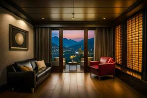 il vivente camera di un' lusso Hotel con un' Visualizza di montagne. ai-generato foto