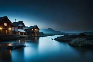 un' Casa si siede su il bordo di un' fiume a notte. ai-generato foto