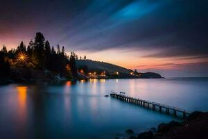 un' molo a crepuscolo su il lago. ai-generato foto