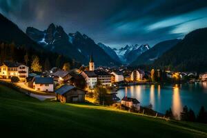 un' cittadina e lago a notte nel il montagne. ai-generato foto