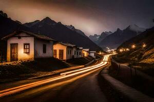 un' lungo esposizione foto di un' strada nel il montagne. ai-generato