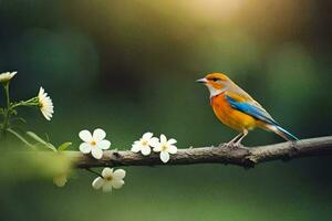 un' piccolo uccello è arroccato su un' ramo con fiori. ai-generato foto