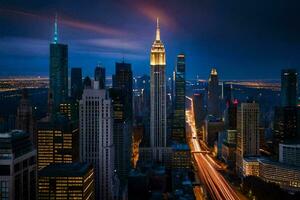 il impero stato edificio è illuminato su a notte. ai-generato foto