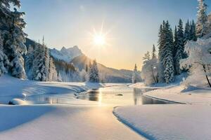 un' nevoso fiume nel il montagne con alberi. ai-generato foto