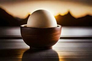uovo nel un' di legno ciotola su un' tavolo. ai-generato foto