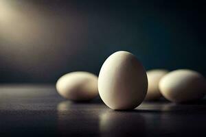 bianca uova su un' buio tavolo. ai-generato foto