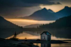un' piccolo capanna si siede su il riva di un' lago con montagne nel il sfondo. ai-generato foto